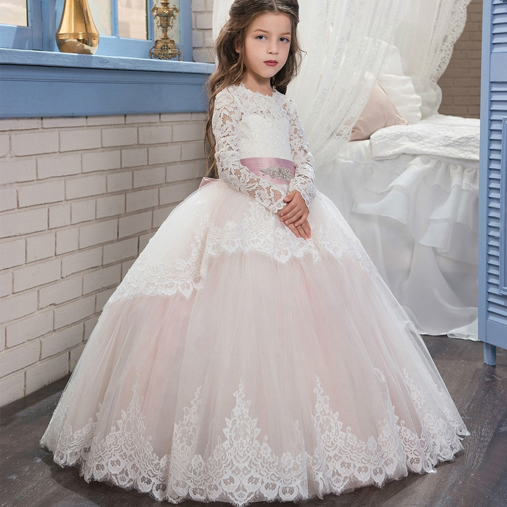 Boutique Wholesale Girls Ball Gown Princess Dress Wedding Party Girl Frocks  Long Sleeve Lace Tulle Bridesmaid Dresses Kids Gown