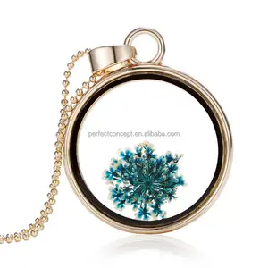 Nieuwe Ontwerp Gouden Ronde Blauw Droge Sneeuw Bloem Crystal Floating Charm Medaillon Hanger Ketting