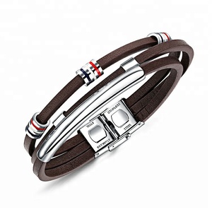 Marlary Retro Mens Marrone con <span class=keywords><strong>Perline</strong></span> Lungo Bar In Acciaio Inox Maschile Braccialetto Del Cuoio Genuino - Product Image 1