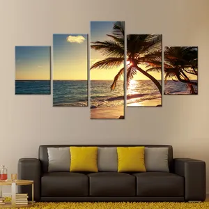 Pintura de paisaje de playa al atardecer, 5 paneles, decoración artística de pared