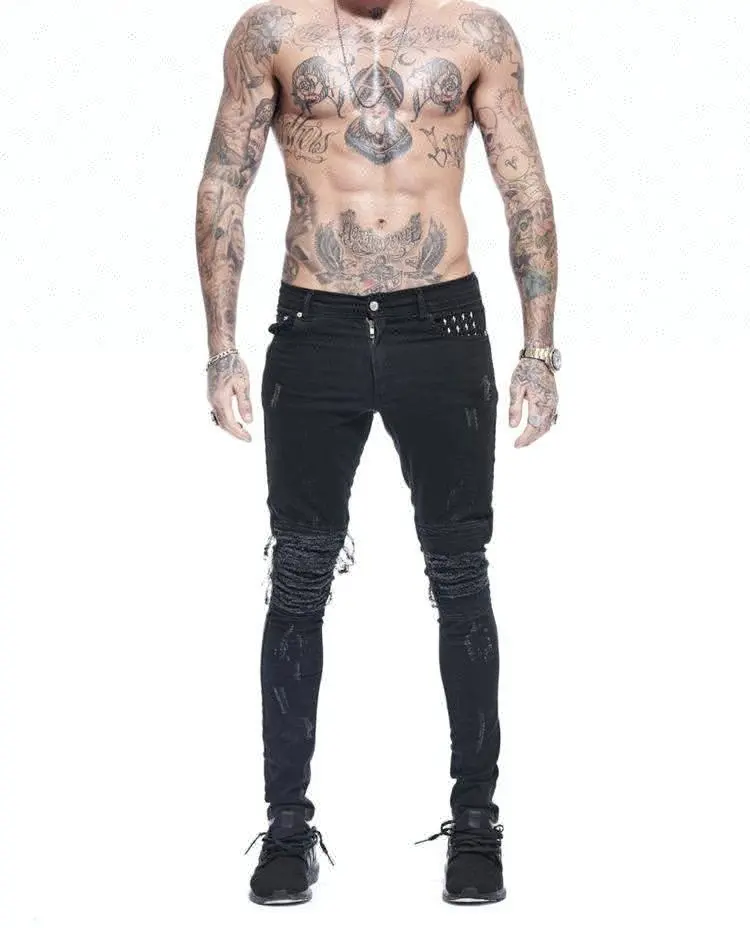 Royal Wolf Jeans mit niedriger Taille schwarz zerstört Jeans Herren Skinny Jeans Denim