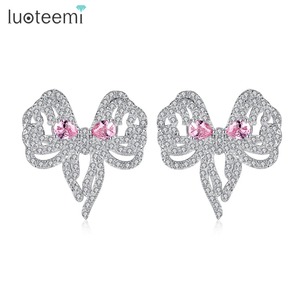 هدية عيد ميلاد LUOTEEMI للنساء ساحرة وردي دمعة قطع مكعب زركونيا لطيف تصميم عقدة فيونكة أقراط عشيق - Product Image 1