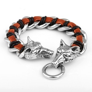 Acero inoxidable de la cabeza del lobo de la cadena cubana pulsera trenzada cuero cuerda pulsera Negro Marrón Plata - Product Image 5