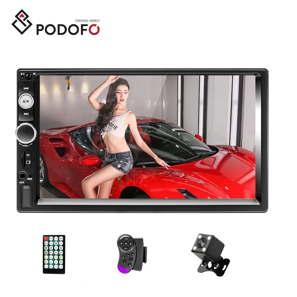 (EUA/Reino Unido/UE Stock) Podofo 2 Din Car Radio Stereo Rádio Para Carro 7 "Touch Screen BT FM 7023B Controle de volante Câmera traseira