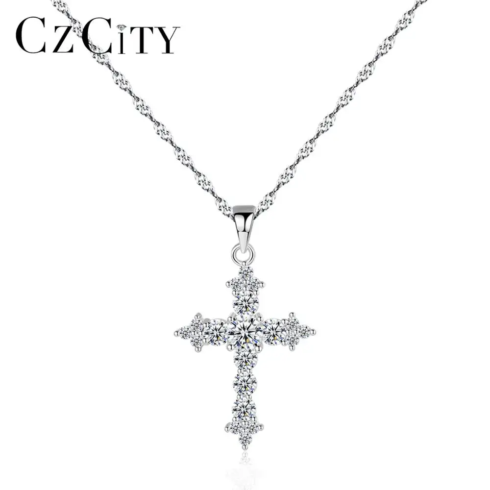 Czcity 925 Sterling Zilveren Kruis Ketting 3A Zirconia Cross Hanger Kettingen Voor Vrouwen Groothandel Sieraden