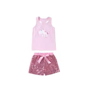 Розовый комплект для маленьких девочек, майка без рукавов, шорты с блестками, оптовая продажа детской одежды