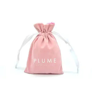 Pink velvet satin lining drawstring bag with customized white logo