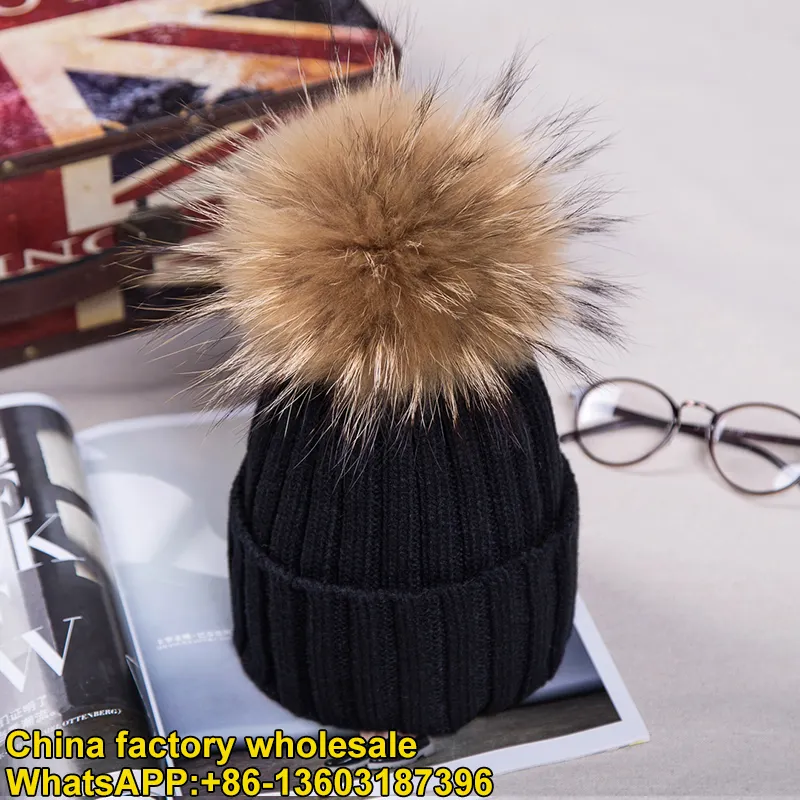 High quality 2017 new women genuine fox fur hat 2 pom poms knit 