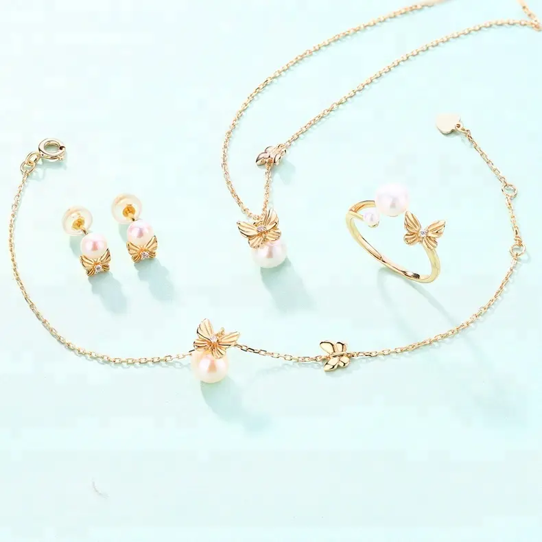 Italian dainty fine jewellery gold freshwater pearl 925 silver butterfly jewelry set