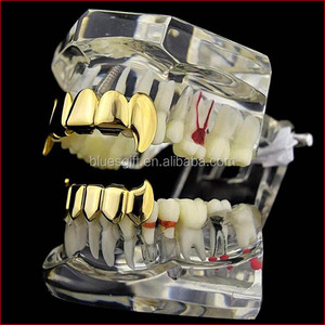 TG090-G1 Placcato Oro Pieno Fang Grillz Set Top Bottom Fangs Denti da Vampiro Griglie - Product Image 3
