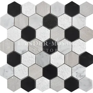 white grey and black color mixed hexagonal marble mosaic for home decoration