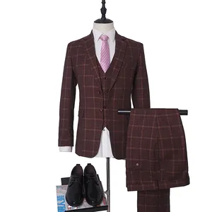 MA105古典设计葡萄酒条纹格子新郎燕尾服现代合身3件男士套装套装婚礼套装男士 (夹克 + 裤子 + 背心)