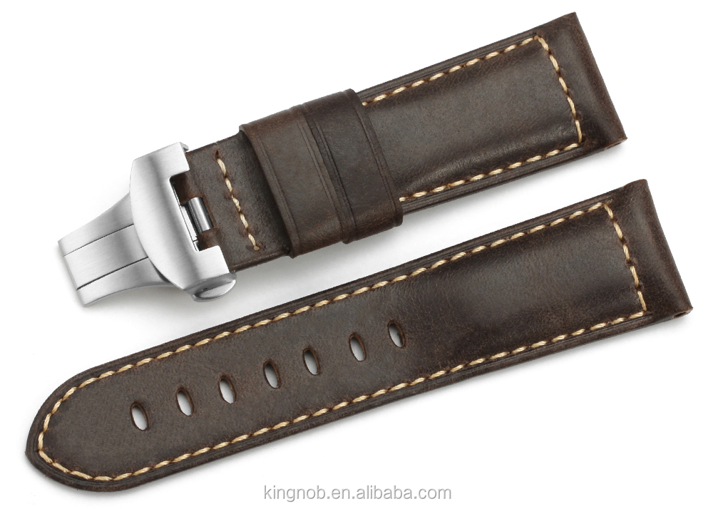 24mm Déploiement Fermoir Brun Foncé Rétro Cuir Véritable Bracelet De Montre
