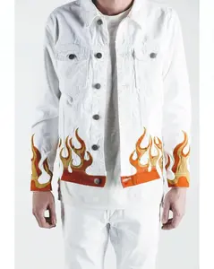 Royal wolf denim kledingstuk factory premium geborduurde vlammen jeans jassen mannen witte denim jasje