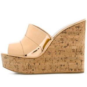 Gümüş yüksek topuklu sandalet gökyüzü yüksek elbise ayakkabı kadın yaz ayakkabı Peep Toe mantar kama terlik parlak siyah Platform katır - Product Image 4