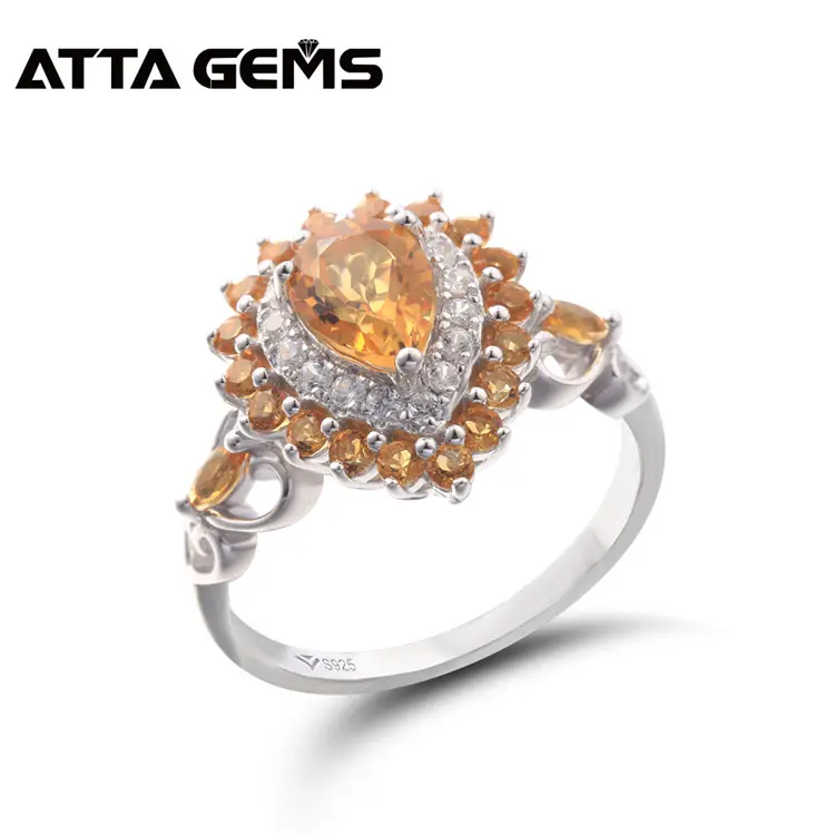 แหวนเงินคริสตัลซิทรินธรรมชาติสำหรับผู้หญิง,แหวนหมั้นอัญมณีสีเหลืองแหวนแต่งงาน