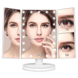 Bellezza 21 LED Illuminato Specchio Per Il Trucco con 1X/5X/7X Ingrandimento Permanente Desktop Cosmetico Specchio A Tre Ante Specchio cosmetico