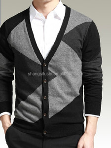 Guangzhou hombres 12GG v-cuello con botones de impresión de argyle cardigan de punto jersey de <span class=keywords><strong>lana</strong></span> <span class=keywords><strong>marino</strong></span> - Product Image 1