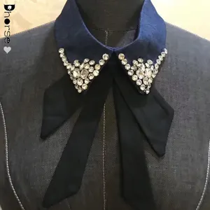 Wholesale China manufacture Women's Fake Shirt Collar Detachable Removable chiffon Necklace Choker Collar with rhinestones