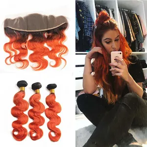 T1b 350 Warna Ombre Oranye Rambut Brasil Tingkat 12A 3 Bundel dengan Renda Penutup Depan Gelombang Tubuh Ekstensi Rambut Manusia Perawan