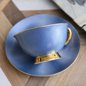 Porcelain Tea <strong>Cup</strong> and Saucer <strong>Set</strong> Custom logo Blue Ceramic <strong>Coffee</strong> <strong>Cups</strong> with <strong>Dish</strong>