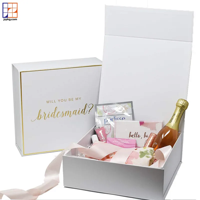 Venta al por mayor, caja de regalo personalizada con imán de oro, conjunto de regalo de invitación de dama de honor, caja de recuerdo de boda blanco negro rosa