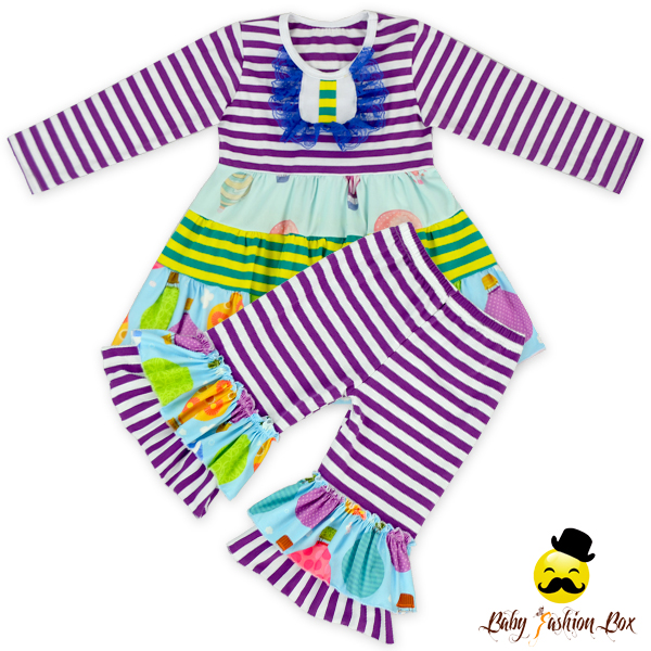 девочек sripe хлопковая рубашка с длинными рукавами с оборками и штаны Оптовая Продажа Одежда для новорожденных