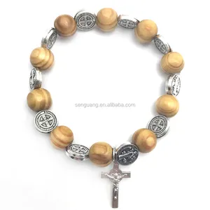 Pino beads y St Benedicto medallas pulsera, moda pulsera Rosario religioso