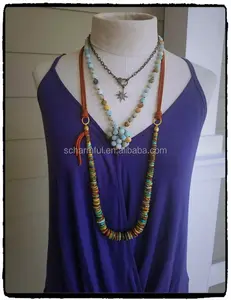 N01013 Turquoise Kralen Ketting Met Leer, Boho Leer Neckalce