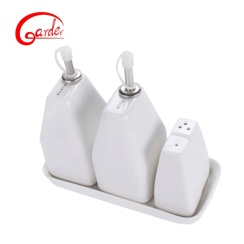 Witte Keramische Olie & Azijn/Zout Peper Shaker Cruet Set Met Stand Voor Koken