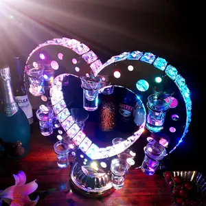 Color Changing Heart Shape Crystal Wrapped Cocktails Glass LED VIP Service Tray for 14 Shot Glasses