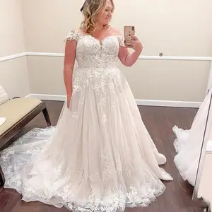 FA140 Plus Size Wedding Dresses 2022 Tulle Backless Applique Robe Lace Women Designer A Line Beach Wedding Bridal Gowns