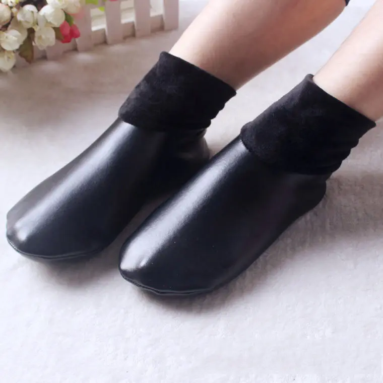 Korean fuzzy warm PU leather black anti slip unisex waterproof socks