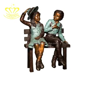 Outdoor plaza garden street landscape decoration design Metal art sculpture Bronze Girl and boy statue Sitting On Chair