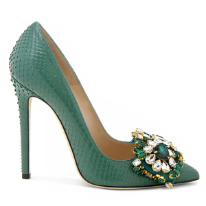 Escarpins sexy à talons hauts pour femmes-Cuir de serpent vert avec décoration en diamant, OEM/ODM disponible - Product Image 2