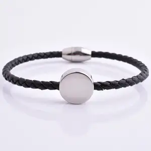 Unique Cow Leather Wrist Bands Bracelet For Men With Round Brand Charm Slim Leather Bracelet for Men