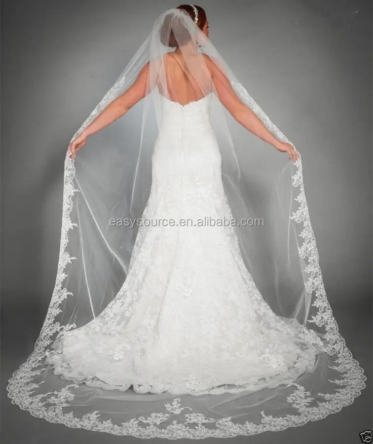 Stock Long Wedding Veil Lace Trim Bridal Veil Cathedral Veil with comb