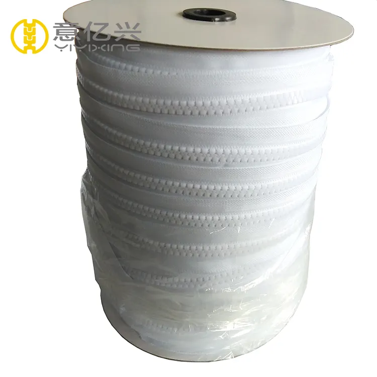 Rollo de plástico continuo de cadena larga, embalaje personalizado, #8, cremallera vislon blanca, en bobina