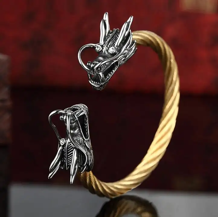 SZH002 Vintage Viking Men Silver C Shape Dragon Cable Stainless Steel Cuff Bracelet Bangle
