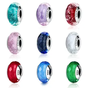 925 Sterling Silver Crystal Bead Fits Colorful Murano Glass European Charm Bracelet DIY Bead Fine SIlver Jewelry for Bracelet