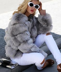 Manteau d'hiver pour femmes d'usine, blazer <span class=keywords><strong>gris</strong></span> uni moyen avec motif à carreaux, épais, 100% polyester, <span class=keywords><strong>fausse</strong></span> <span class=keywords><strong>fourrure</strong></span> de renard, tissage lâche - pour filles - Product Image 3