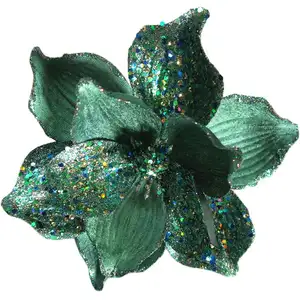 Country style christmas flower magnolia flower with clip and blue glitter