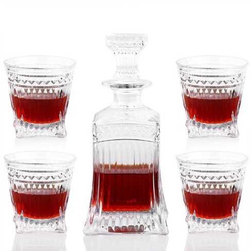 Whiskey Glass Decanter Entertainment Set of 5 one Liquor Dispenser Beverage Bottle with Square Stopper and 4 Glass