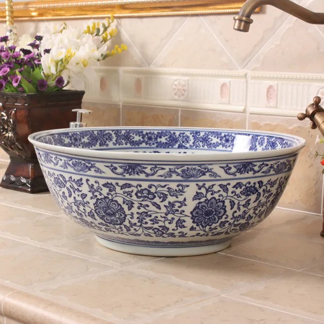 RYXW608 Blu and white floral round ceramic sink