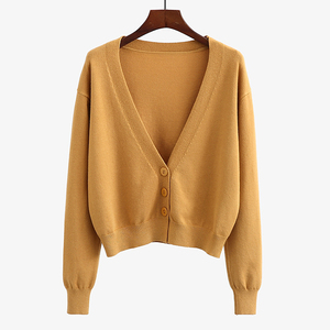 <span class=keywords><strong>Cardigan</strong></span> court en tricot à manches longues ouvert sur le devant pour femme, style coréen, à col en V, en tricot, pull personnalisé pour femmes - Product Image 2