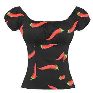 Vintage Hippie Crop Top Off The Shoulder Blouse Cotton Shirt Women Fashion Hot Chilies Printed All Over Ladies Clothing