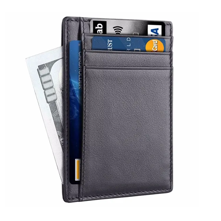 최소 얇은 RFID 차단 보안 ID 신용 카드 홀더 슬림 지갑 사용자 정의 개인 상표 신사 앞 포켓 정품 가죽