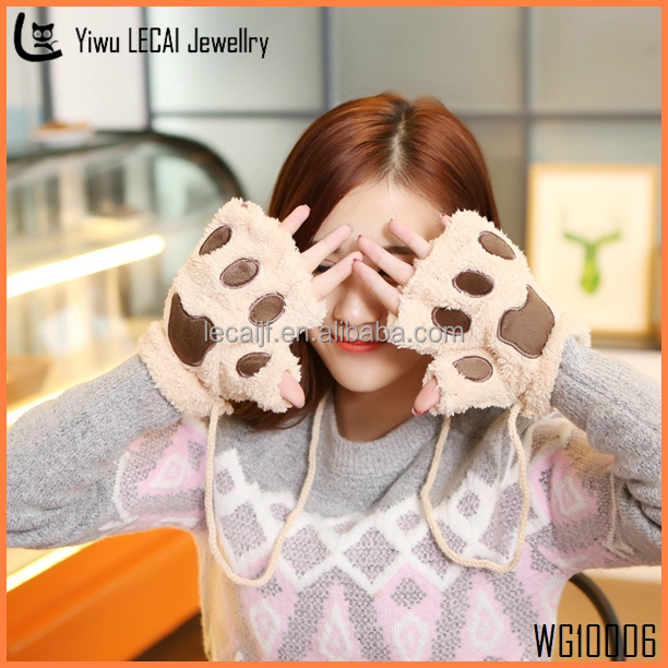 Зимние женские перчатки в виде лап без пальцев, пушистые плюшевые лапы медведя, кота, симпатичные перчатки, мягкие зимние полуперчатки, Новинка