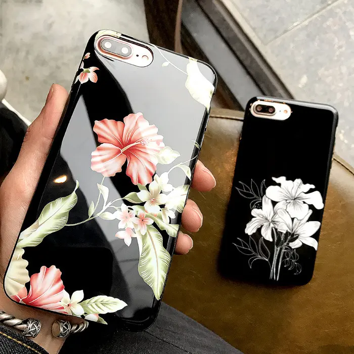 Hot mobile cell phone accessories case black glossy flower cover for iphone 7/ 8 plus tpu bumper protective phone case