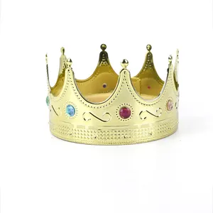 Mahkota Raja Emas Plastik Kustom Mahkota Gem Bulat Penuh untuk Pesta Cosplay Festival Tiara Plastik